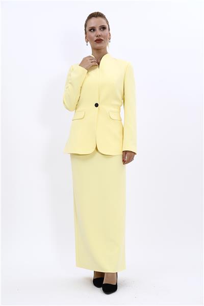 Kendinden Dik Yakalı Ceket & Uzun Düz Dar Etek-Sarı