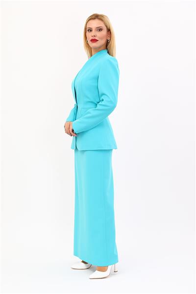 Kendinden Dik Yakalı Ceket & Uzun Düz Dar Etek-Turkuaz