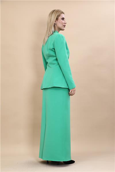 Kendinden Dik Yakalı Ceket & Uzun Düz Dar Etek-Yeşil
