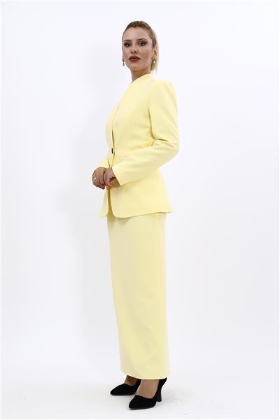 Kendinden Dik Yakalı Ceket & Uzun Düz Dar Etek-Sarı