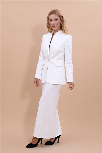 Kendinden Dik Yakalı Ceket & Uzun Düz Dar Etek-Beyaz