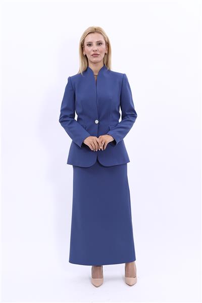 Kendinden Dik Yakalı Ceket & Uzun Düz Dar Etek-İndigo
