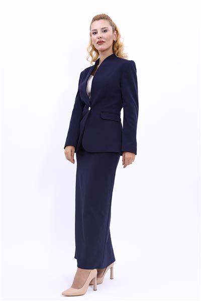 Kendinden Dik Yakalı Ceket & Uzun Düz Dar Etek-Lacivert
