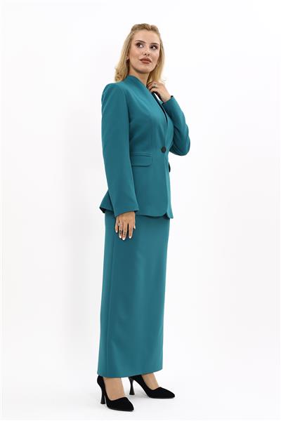 Kendinden Dik Yakalı Ceket & Uzun Düz Dar Etek-Petrol
