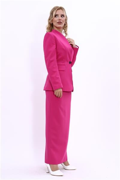 Kendinden Dik Yakalı Ceket & Uzun Düz Dar Etek-Fuşya