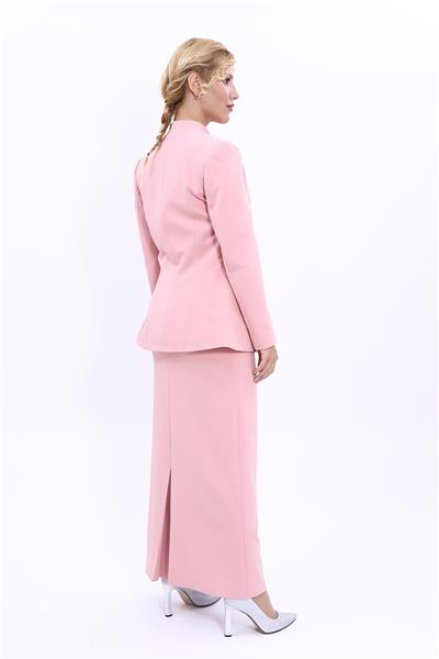 Kendinden Dik Yakalı Ceket & Uzun Düz Dar Etek-Pudra