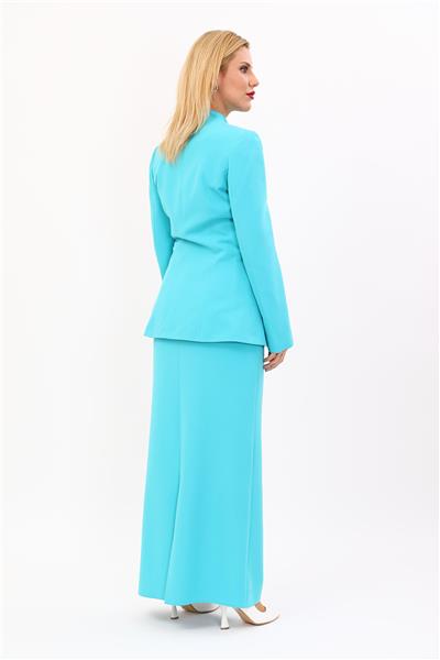 Kendinden Dik Yakalı Ceket & Uzun Düz Dar Etek-Turkuaz