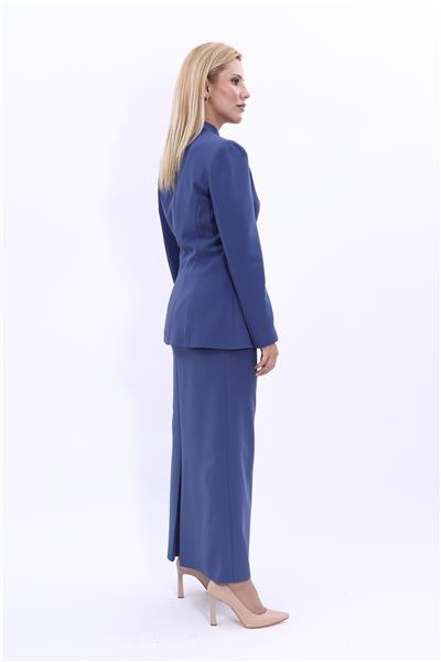 Kendinden Dik Yakalı Ceket & Uzun Düz Dar Etek-İndigo