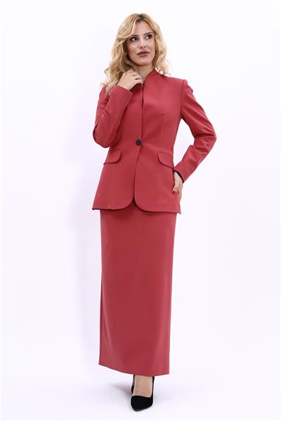 Kendinden Dik Yakalı Ceket & Uzun Düz Dar Etek-Kiremit