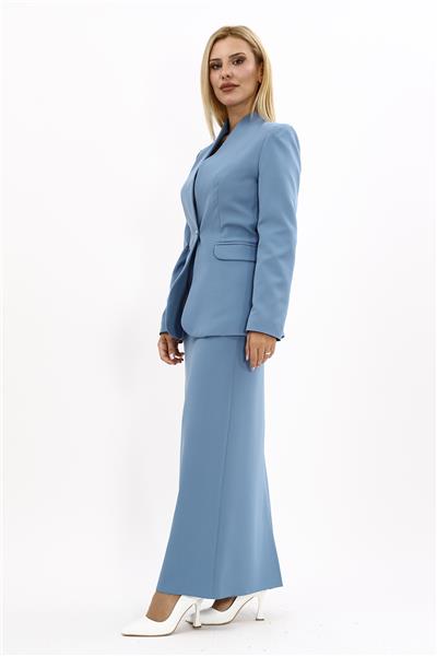 Kendinden Dik Yakalı Ceket & Uzun Düz Dar Etek-Deniz