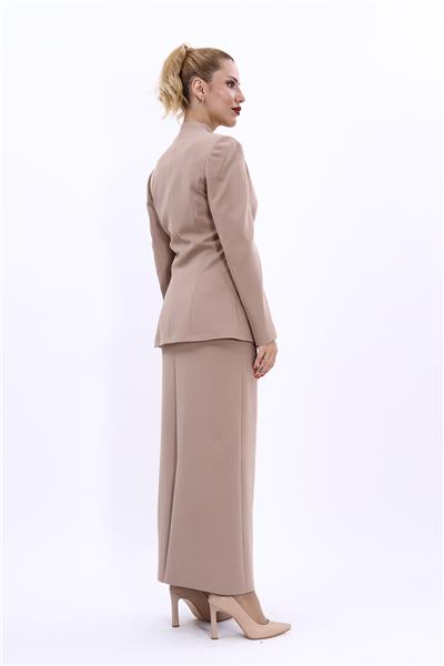 Kendinden Dik Yakalı Ceket & Uzun Düz Dar Etek-Taş