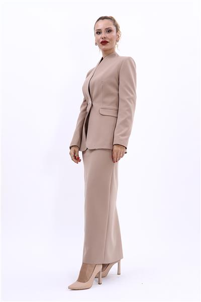 Kendinden Dik Yakalı Ceket & Uzun Düz Dar Etek-Taş