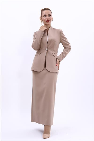 Kendinden Dik Yakalı Ceket & Uzun Düz Dar Etek-Taş