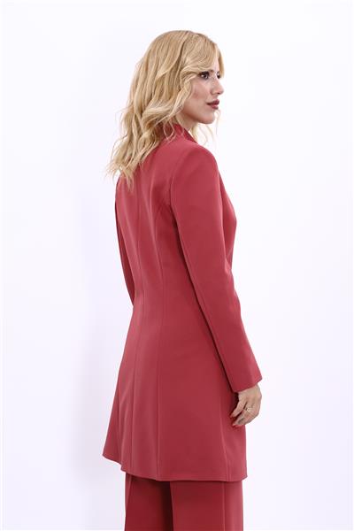 Kendinden Dik Yakalı Tek Düğmeli Uzun Ceket-Kiremit