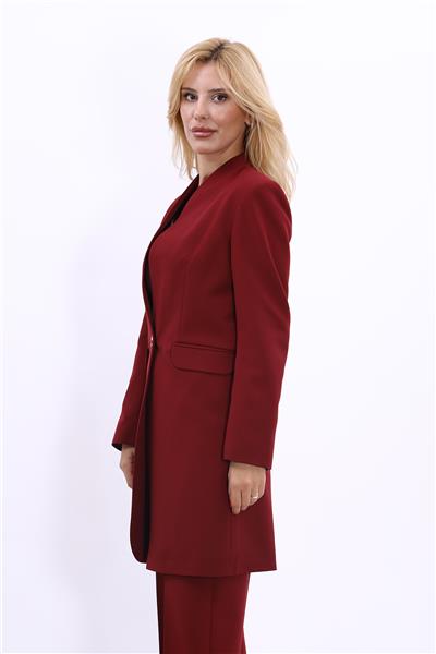 Kendinden Dik Yakalı Tek Düğmeli Uzun Ceket-Bordo