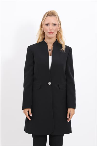 Kendinden Dik Yakalı Tek Düğmeli Uzun Ceket-Siyah