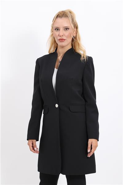 Kendinden Dik Yakalı Tek Düğmeli Uzun Ceket-Siyah