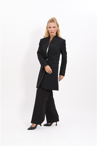Kendinden Dik Yakalı Tek Düğmeli Uzun Ceket & Bol Paça Pantolon-Siyah