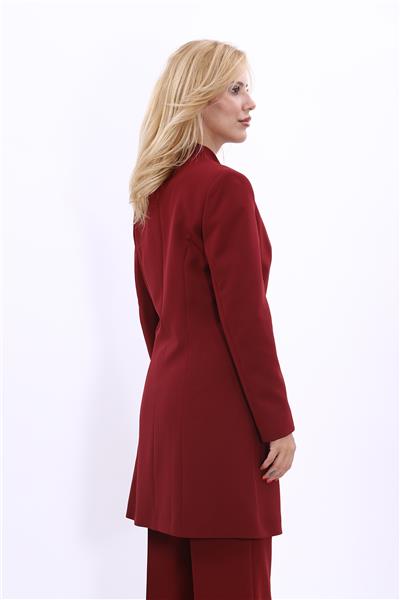 Kendinden Dik Yakalı Tek Düğmeli Uzun Ceket-Bordo