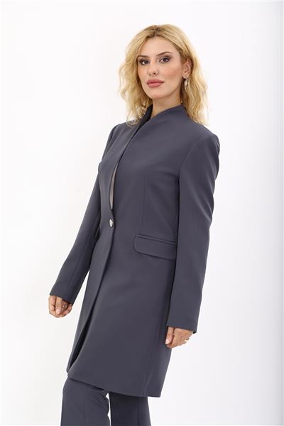 Kendinden Dik Yakalı Tek Düğmeli Uzun Ceket-Füme