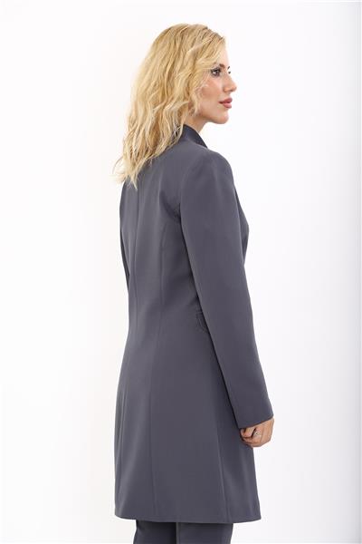 Kendinden Dik Yakalı Tek Düğmeli Uzun Ceket-Füme