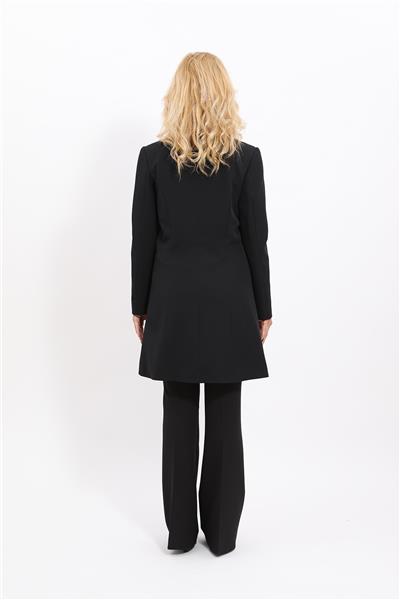 Kendinden Dik Yakalı Tek Düğmeli Uzun Ceket & İspanyol Paça Pantolon-Siyah