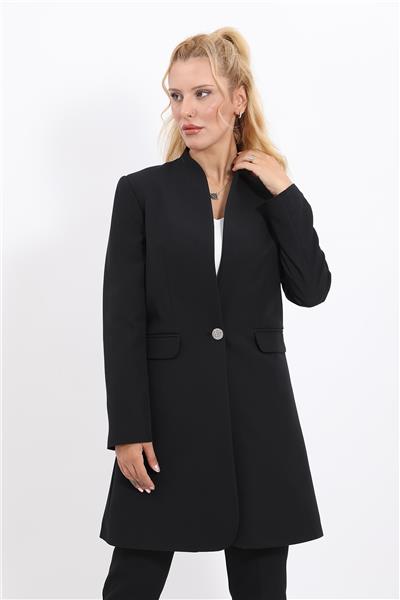 Kendinden Dik Yakalı Tek Düğmeli Uzun Ceket-Siyah