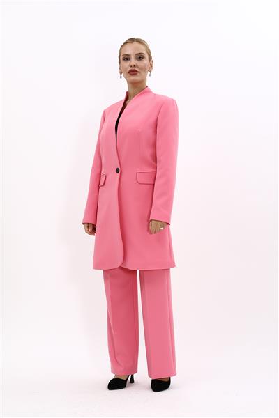 Kendinden Dik Yakalı Tek Düğmeli Uzun Ceket & Bol Paça Pantolon-Pembe