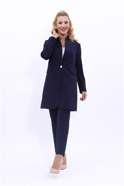 Kendinden Dik Yakalı Tek Düğmeli Uzun Ceket & Dar Paça Pantolon-Lacivert