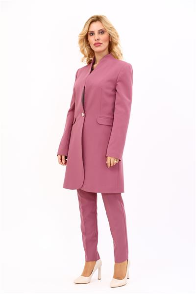 Kendinden Dik Yakalı Tek Düğmeli Uzun Ceket & Dar Paça Pantolon-Rose