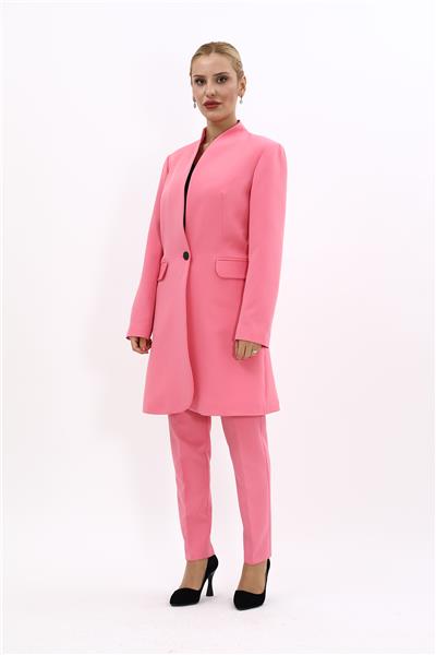 Kendinden Dik Yakalı Tek Düğmeli Uzun Ceket & Dar Paça Pantolon-Pembe