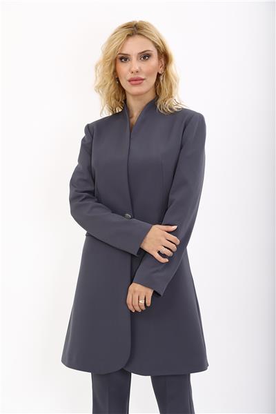 Kendinden Dik Yakalı Tek Düğmeli Uzun Ceket-Füme