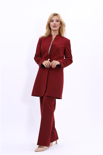 Kendinden Dik Yakalı Tek Düğmeli Uzun Ceket & Bol Paça Pantolon-Bordo