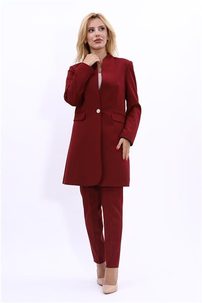 Kendinden Dik Yakalı Tek Düğmeli Uzun Ceket & Dar Paça Pantolon-Bordo
