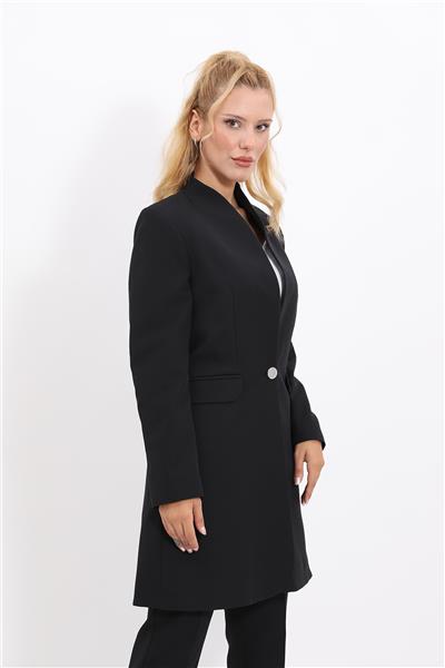 Kendinden Dik Yakalı Tek Düğmeli Uzun Ceket-Siyah