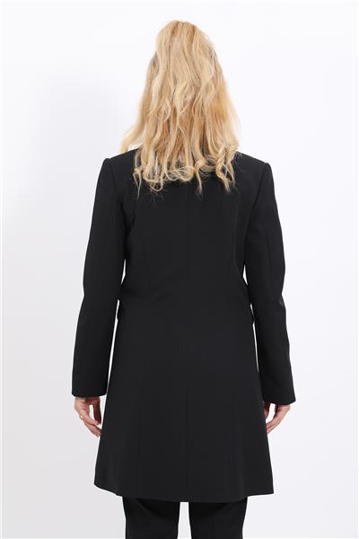 Kendinden Dik Yakalı Tek Düğmeli Uzun Ceket-Siyah