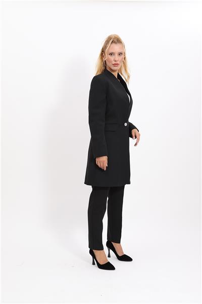 Kendinden Dik Yakalı Tek Düğmeli Uzun Ceket & Dar Paça Pantolon-Siyah
