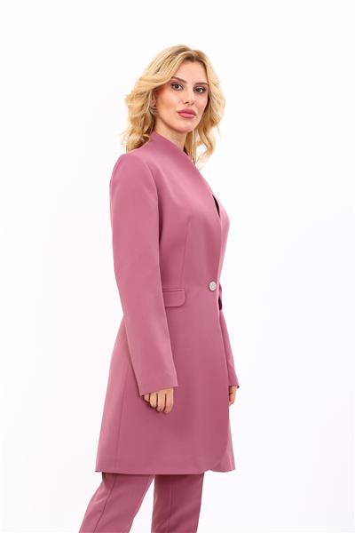 Kendinden Dik Yakalı Tek Düğmeli Uzun Ceket-Rose