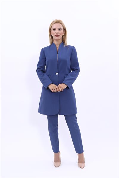 Kendinden Dik Yakalı Tek Düğmeli Uzun Ceket & Dar Paça Pantolon-İndigo