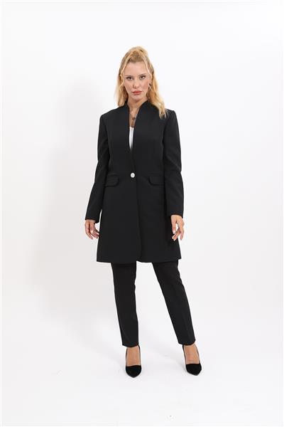 Kendinden Dik Yakalı Tek Düğmeli Uzun Ceket & Dar Paça Pantolon-Siyah