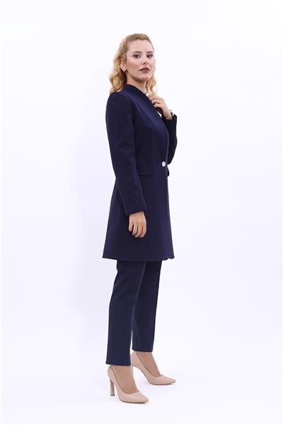 Kendinden Dik Yakalı Tek Düğmeli Uzun Ceket & Dar Paça Pantolon-Lacivert