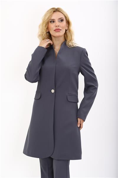 Kendinden Dik Yakalı Tek Düğmeli Uzun Ceket-Füme