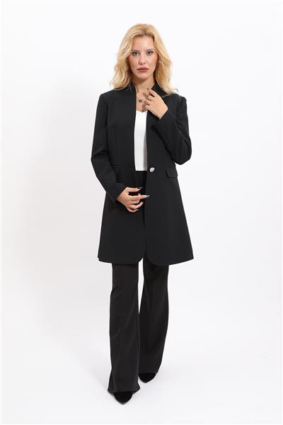 Kendinden Dik Yakalı Tek Düğmeli Uzun Ceket & İspanyol Paça Pantolon-Siyah