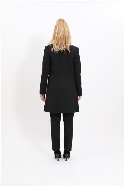 Kendinden Dik Yakalı Tek Düğmeli Uzun Ceket & Dar Paça Pantolon-Siyah