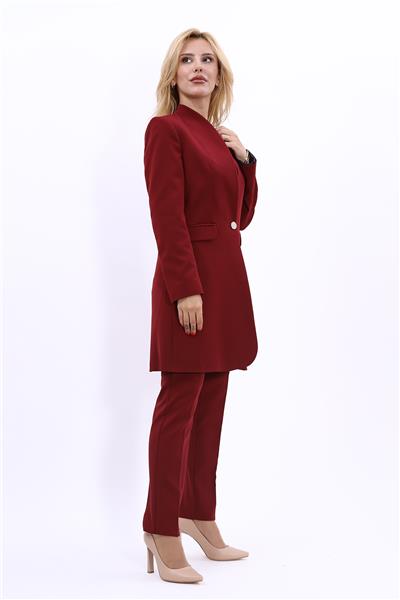 Kendinden Dik Yakalı Tek Düğmeli Uzun Ceket & Dar Paça Pantolon-Bordo