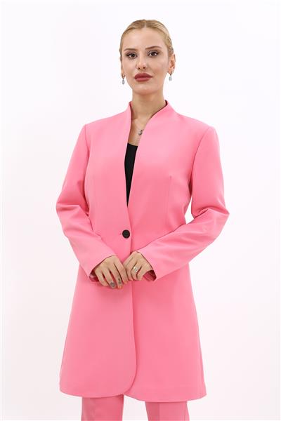Kendinden Dik Yakalı Tek Düğmeli Uzun Ceket-Pembe