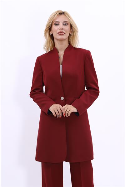 Kendinden Dik Yakalı Tek Düğmeli Uzun Ceket-Bordo
