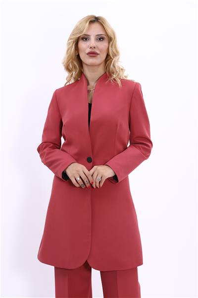Kendinden Dik Yakalı Tek Düğmeli Uzun Ceket-Kiremit
