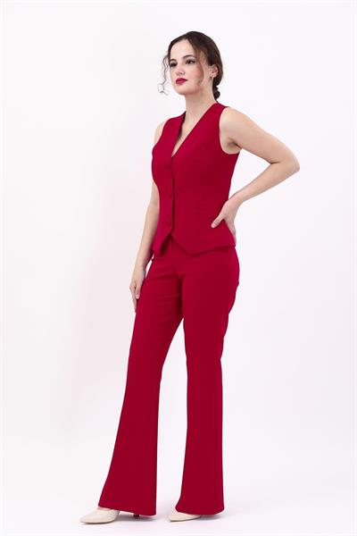Klasik Yelek & İspanyol  Paça Pantolon Takım-Kırmızı