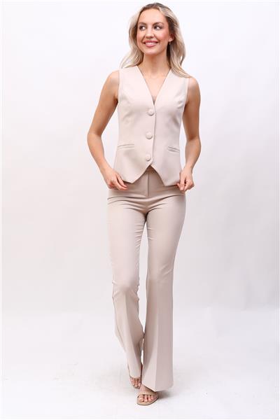Klasik Yelek & İspanyol  Paça Pantolon Takım-Bej